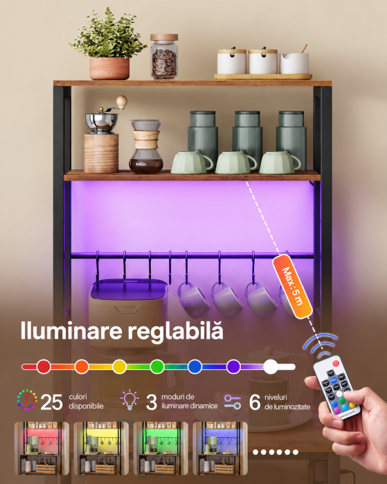 Raft de bucatarie cu iluminare LED in 25 de culori si 3 moduri dinamice, 3 prize AC si porturi USB pentru electrocasnice, rafturi reglabile, 8 [5]