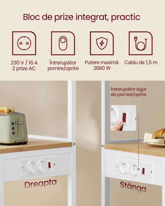 Raft de bucatarie cu prize pentru alimentarea electrocasnicelor, design compact pentru economisirea spatiului, raft reglabil pe 3 inaltimi, 40 [3]
