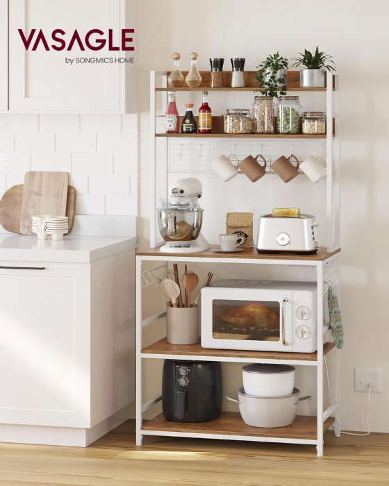 Raft de bucatarie cu spatiu pentru cuptorul cu microunde, 5 rafturi reglabile, 4 prize incorporate, cadru metalic, 80x40x170 cm, maro rustic s [2]