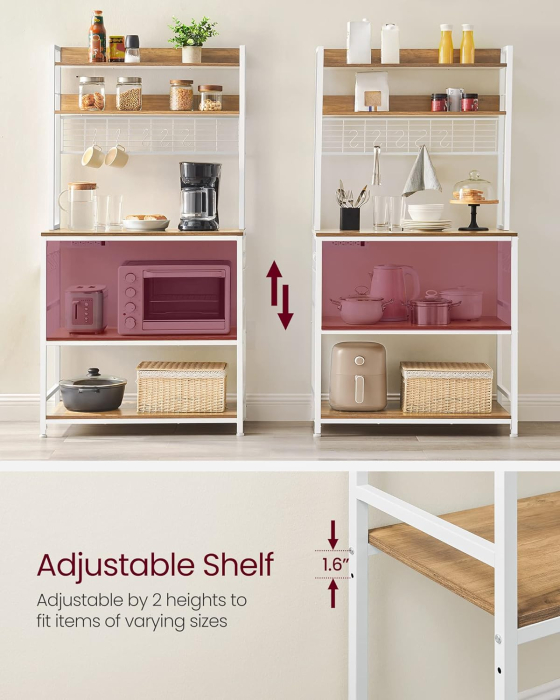 Raft de bucatarie cu spatiu pentru cuptorul cu microunde, 5 rafturi reglabile, 4 prize incorporate, cadru metalic, 80x40x170 cm, maro rustic s [5]