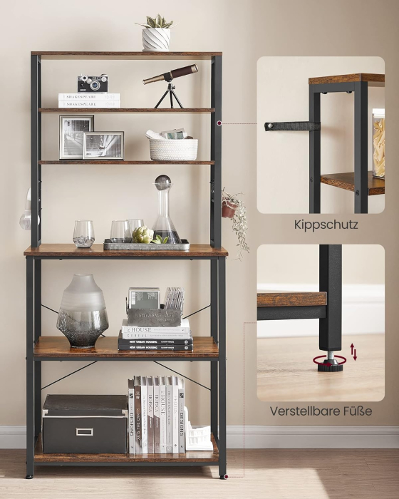 VASAGLE Raft de bucatarie cu spatiu pentru cuptorul cu microunde, 6 rafturi, otel, industrial, 40x80x167cm, maro retro si negru [9]