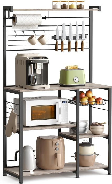 Raft de bucatarie cu spatiu pentru cuptorul cu microunde, banda magnetica cutite, suport role de bucatarie, 42x90x167cm, gri [3]