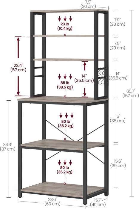 VASAGLE Raft de bucatarie, spatiu cuptor cu microunde, 6 rafturi, 40x60x167cm, gri si negru [6]