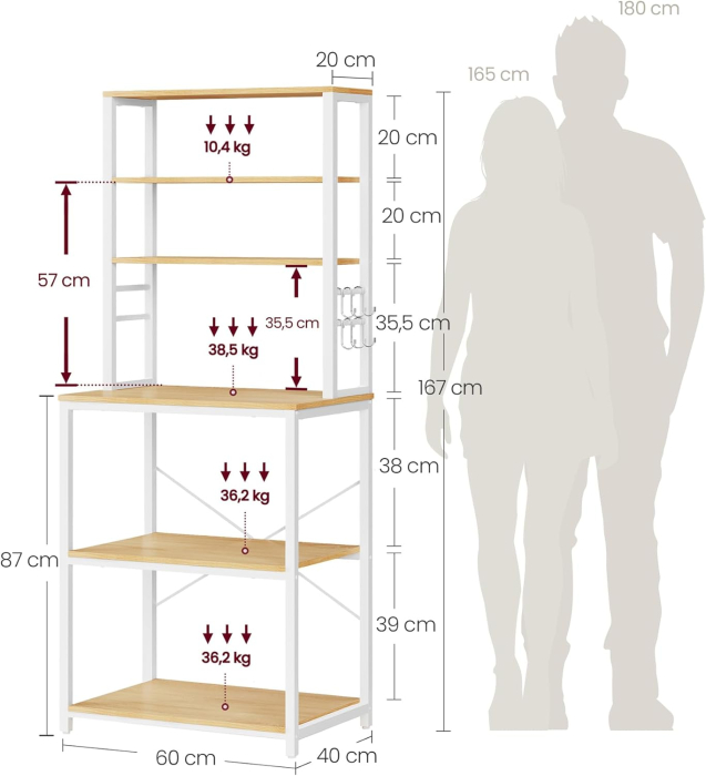 Raft de bucatarie, spatiu cuptor cu microunde, 6 rafturi, 40x60x167cm, stejar auriu si alb [2]
