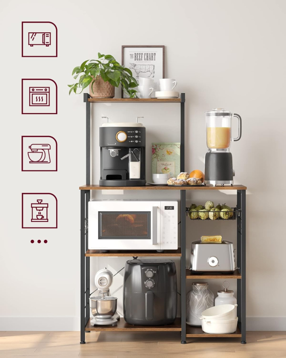 VASAGLE Raft de bucatarie, suport pentru cuptorul cu microunde, cos de sarma, 6 carlige S, 39x90x132cm, maro rustic [6]