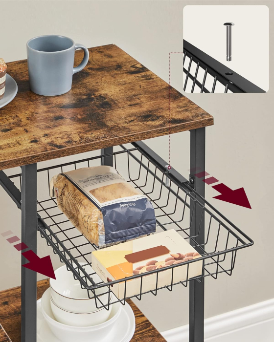 VASAGLE Raft de bucatarie, suport pentru cuptorul cu microunde, cos de sarma, 6 carlige S, 39x90x132cm, maro rustic [7]