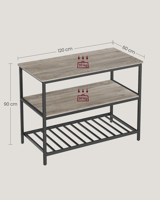 Raft de bucatarie tip insula, cadru de otel cu 3 nivele, stil industrial, 60x120x90cm, gri stejar [3]
