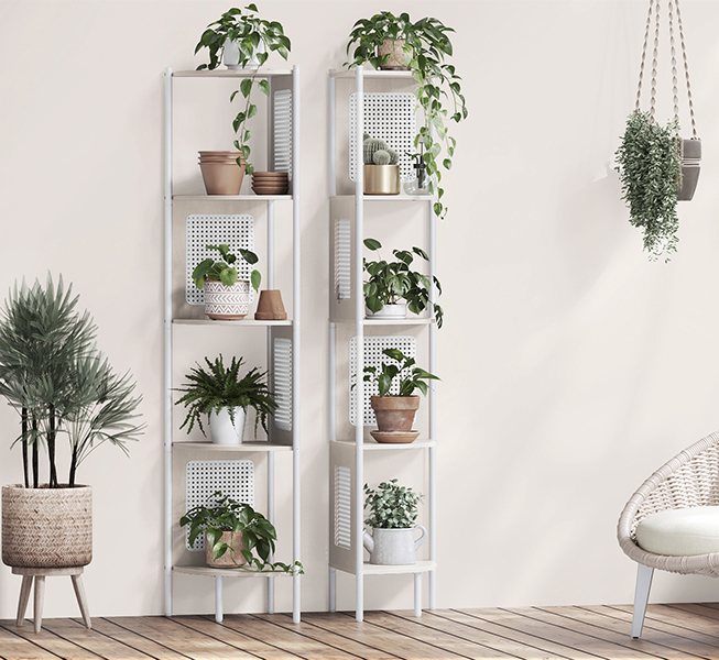 VASAGLE Raft de colt boho, cadru metalic, polite MDF si panouri poliratan, 32x32x156cm, alb [9]