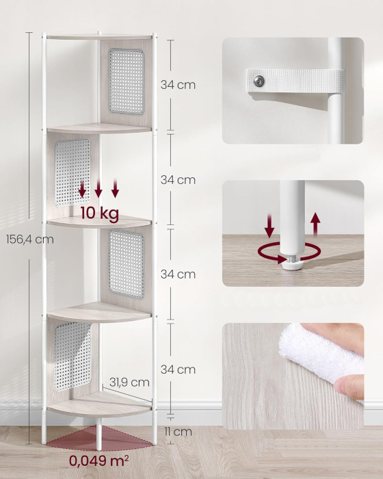 VASAGLE Raft de colt boho, cadru metalic, polite MDF si panouri poliratan, 32x32x156cm, alb [3]