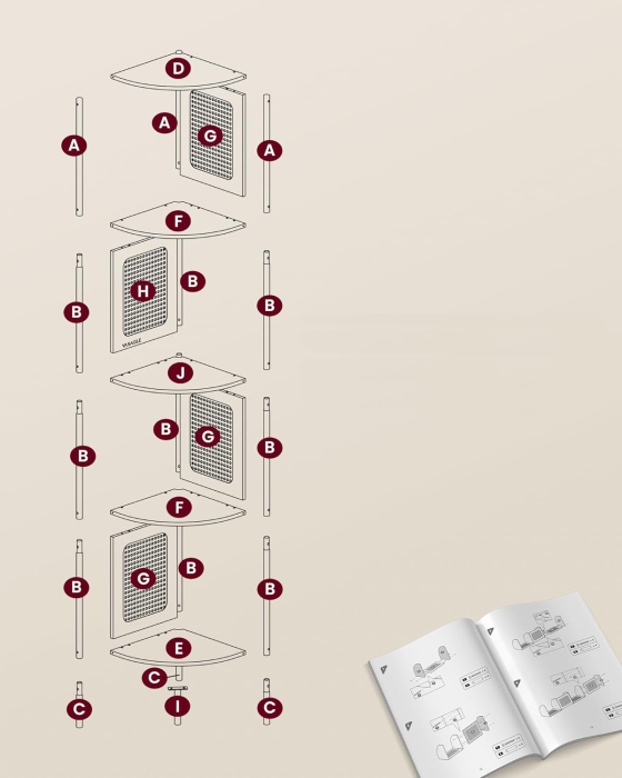 VASAGLE Raft de colt boho, cadru metalic, polite MDF si panouri poliratan, 32x32x156cm, bej [6]