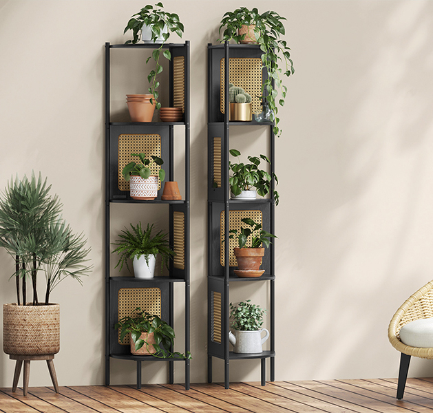 VASAGLE Raft de colt boho, cadru metalic, polite MDF si panouri poliratan, 32x32x156cm, negru [9]