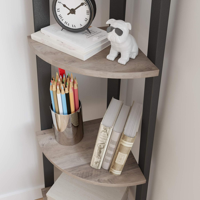 Raft de colt cu 4 etaje, tip biblioteca, cadru metal si polite lemn, 34x34x125 cm, gri stejar si negru [3]