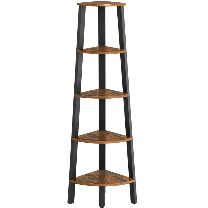 VASAGLE Raft de colt cu 5 etaje, tip biblioteca, cadru metal si polite lemn, 33x34x159cm, industrial, maro rustic si negru [1]