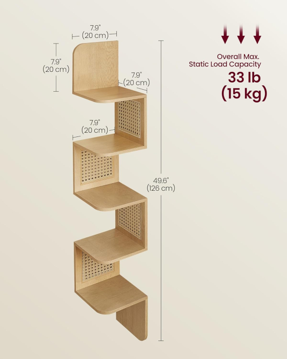VASAGLE Raft de colt plutitor pe 5 niveluri, stil boho, 20x20x126 cm, bej [3]