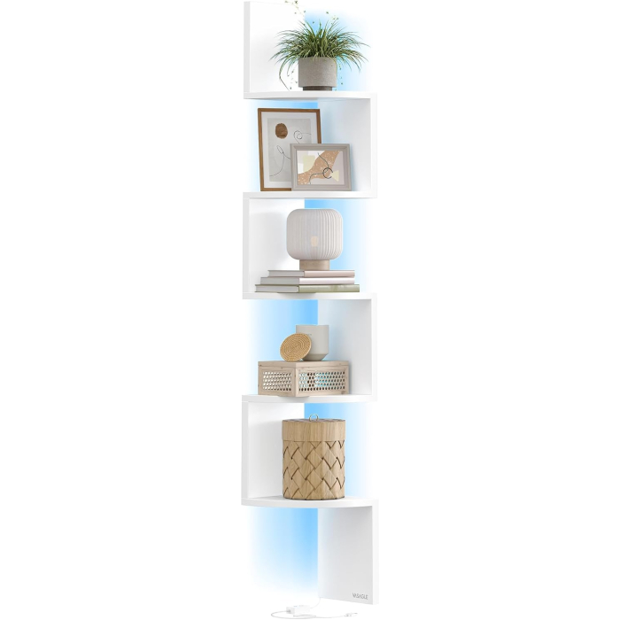 Raft de colt suspendat cu iluminare LED reglabila multicolor si intensitate, 5 polite tip zig-zag, 20x20x126 cm, alb [8]