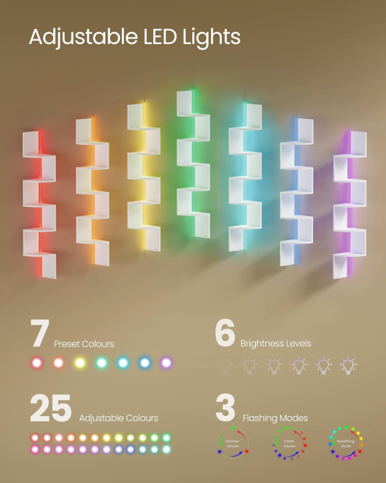 Raft de colt suspendat cu iluminare LED reglabila multicolor si intensitate, 5 polite tip zig-zag, 20x20x126 cm, alb [6]
