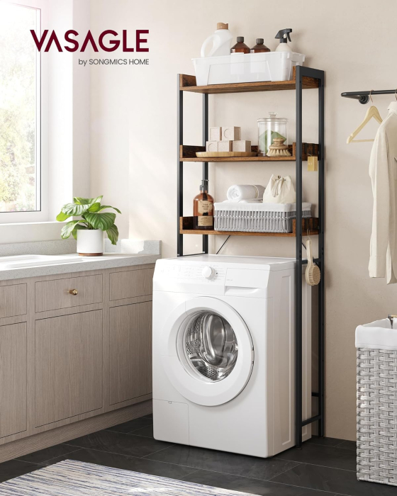 VASAGLE Raft de depozitare pentru baie, suprapunere peste masina spalat sau vas WC, 25x63x165 cm, maro [8]