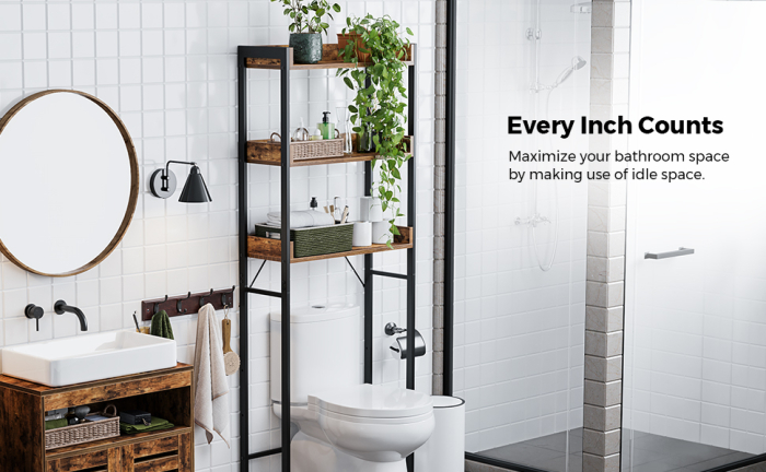 VASAGLE Raft de depozitare pentru baie, suprapunere peste masina spalat sau vas WC, 25x63x165 cm, maro [2]