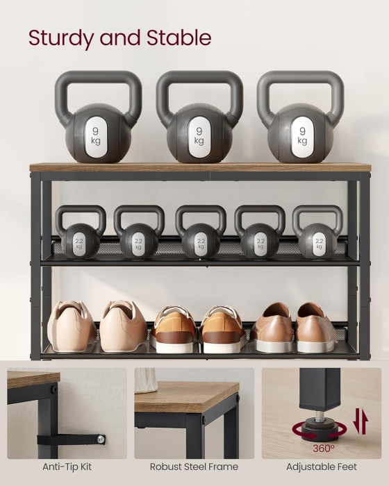 Raft de pantofi, 5 nivele reglabile din plasa, pentru 12-16 perechi, 75x28x93 cm, maro rustic [7]