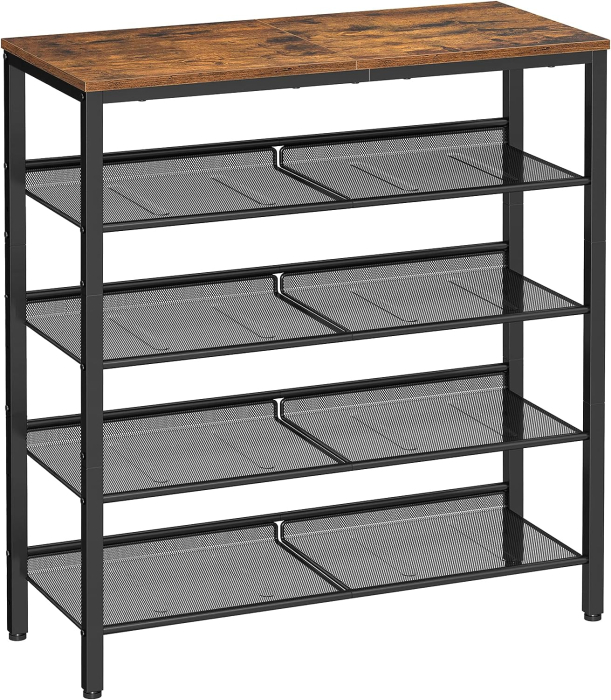 VASAGLE Raft de pantofi, 5 niveluri, rafturi reglabile din plasa, metal, stil industrial, 75x28x93cm, maro vintage negru [8]