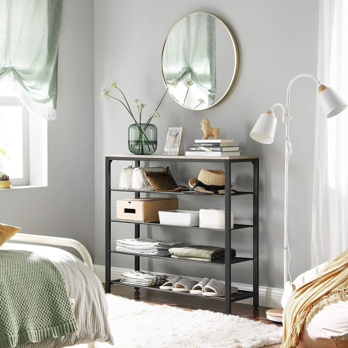 VASAGLE Raft de pantofi metalic, cu 4 nivele plus polita superioara, stil industrial, 100x30x93cm, gri si negru [7]