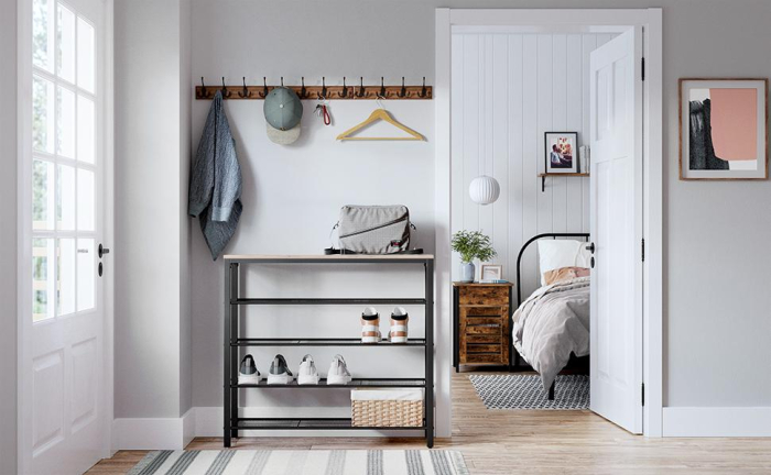 VASAGLE Raft de pantofi metalic, cu 4 nivele plus polita superioara, stil industrial, 100x30x93cm, gri si negru [3]