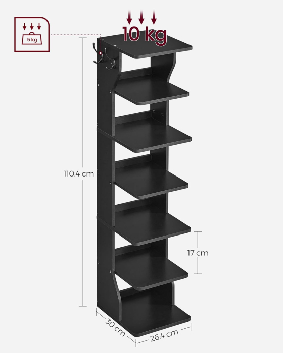 Raft de pantofi, pentru spatii inguste, 6 nivele, 30x26x110 cm, negru [3]