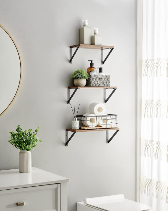 Raft de perete, set 3 bucati de 30, 35 si 40 cm, 2 moduri de montare, maro rustic si negru [2]