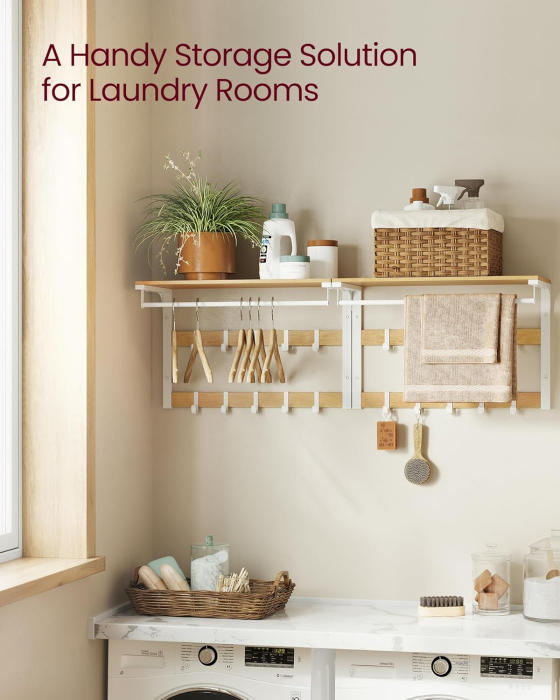 Raft de perete tip cuier, 10 carlige detasabile, sina pentru haine, 30x65x42cm, stejar si alb [3]