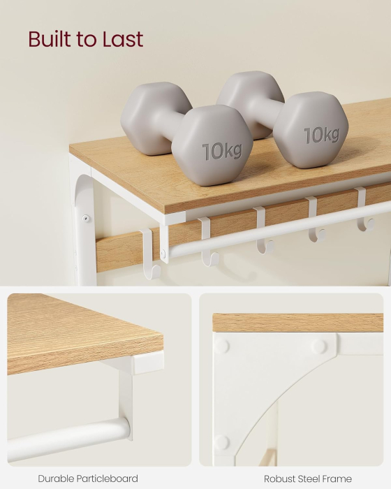 Raft de perete tip cuier, 10 carlige detasabile, sina pentru haine, 30x65x42cm, stejar si alb [7]