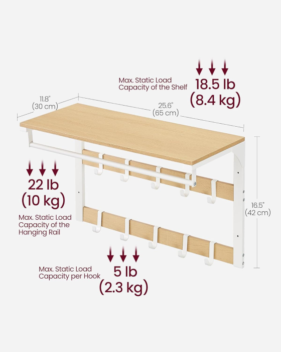 Raft de perete tip cuier, 10 carlige detasabile, sina pentru haine, 30x65x42cm, stejar si alb [8]