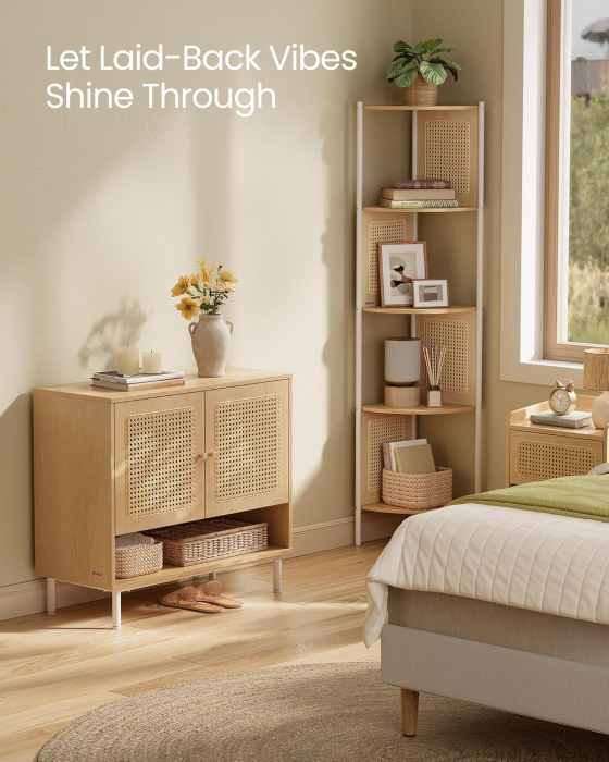 VASAGLE Raft pantofi 3 usi cu aspect ratan, cadru PAL si picioare metalice, stil boho, 80x35x70 cm, stejar bej [4]