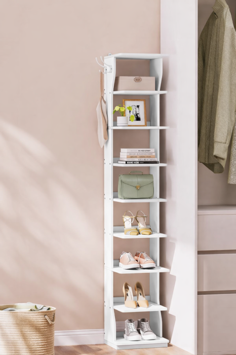 Raft pantofi pentru spatii inguste, 9 niveluri, cu carlige laterale, montaj pe podea, 26x30x147 cm, alb [6]