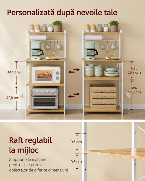 Raft pentru bucatarie cu 4 polite, suport microunde, priza incorporata, cadru metalic, 60x40x140 cm, stejar auriu si alb [3]