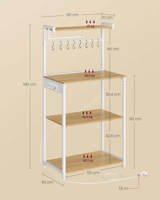 Raft pentru bucatarie cu 4 polite, suport microunde, priza incorporata, cadru metalic, 60x40x140 cm, stejar auriu si alb [2]