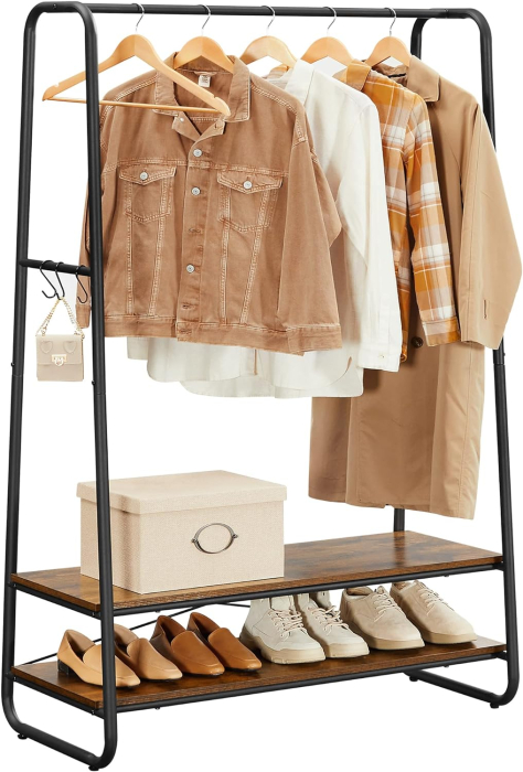 VASAGLE Raft pentru haine cu suport pentru pantofi, 2 polite, 6 carlige laterale, 45x100x160cm, maro rustic [11]