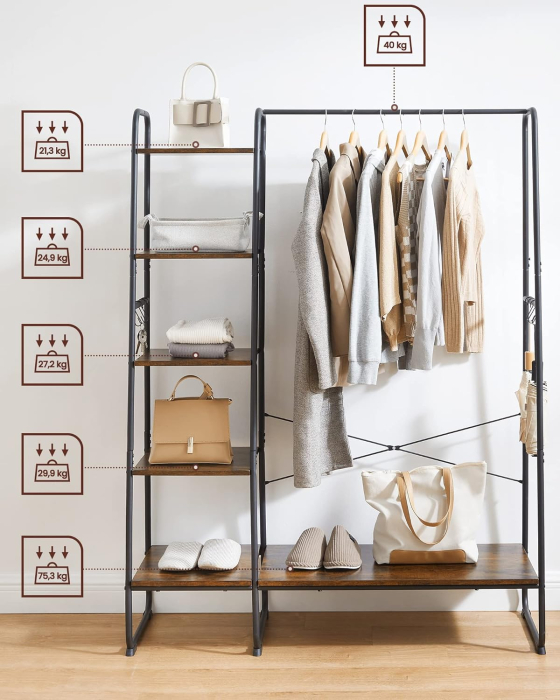 VASAGLE Raft pentru haine cu suport pentru pantofi, 5 polite, 6 carlige laterale, 45x120x160cm, maro rustic si negru [5]