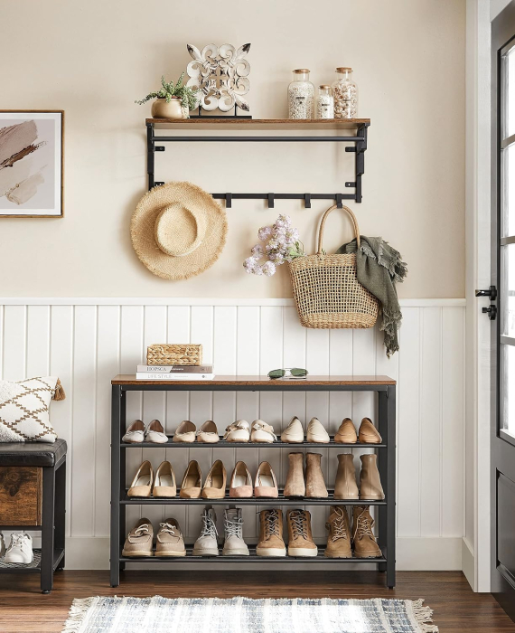 VASAGLE Raft pentru pantofi cu 3 polite, 100x30x72cm, otel, stil industrial, maro rustic si negru [2]