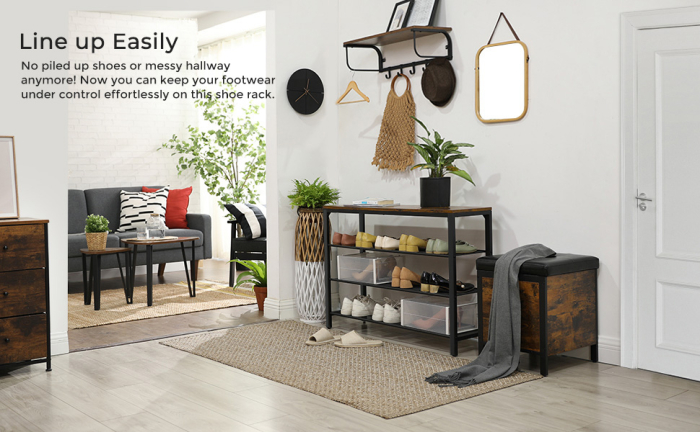 VASAGLE Raft pentru pantofi cu 3 polite, 100x30x72cm, otel, stil industrial, maro rustic si negru [8]