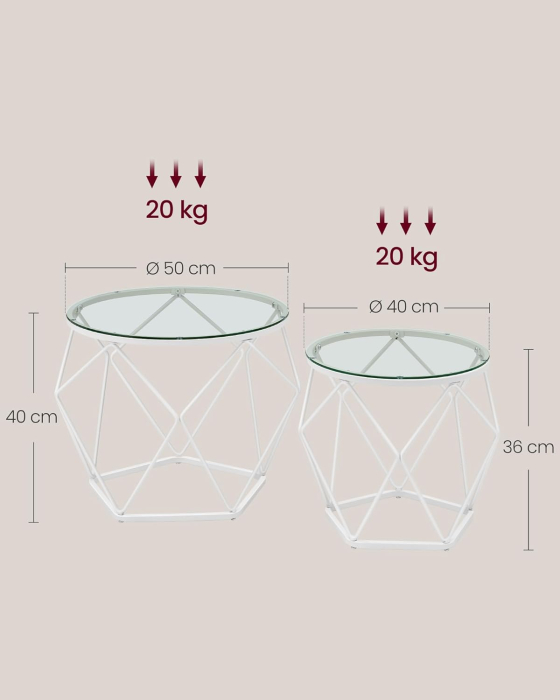 VASAGLE Set 2 masute rotunde, blat sticla securizata, cadru metalic alb, 40 si 50 cm, alb [2]