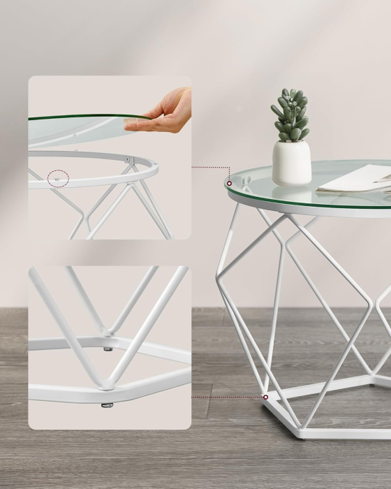 VASAGLE Set 2 masute rotunde, blat sticla securizata, cadru metalic alb, 40 si 50 cm, alb [4]