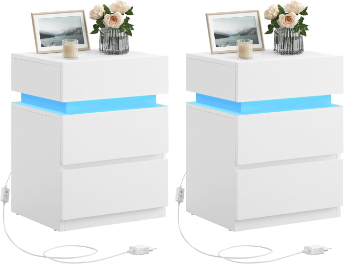 Set 2 noptiere din MDF cu iluminare LED, culori si intensitate reglabile, 35x40x55cm, alb [4]