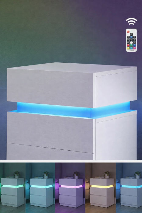 Set 2 noptiere din MDF cu iluminare LED, culori si intensitate reglabile, 35x40x55cm, alb [7]