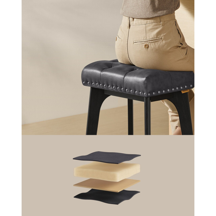 VASAGLE Set 2 scaune bar cu tapiterie piele ecologica, picioare din lemn, 44x32x66 cm, negru [5]