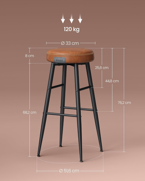 Set 2 scaune bar Ekho, tapitate PU, inaltime sezut 76 cm, 52x76 cm, maro caramel [2]