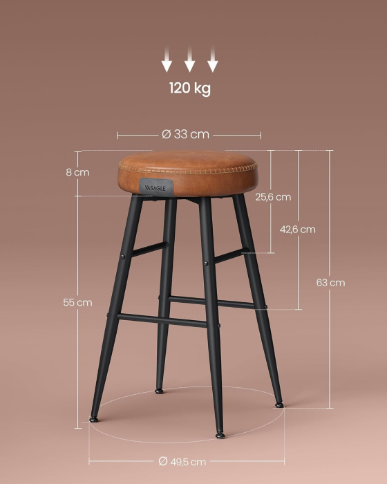 Set 2 scaune bar EKHO, tapiterie PU, cadru metalic, 50x50x63 cm, maro caramel [2]