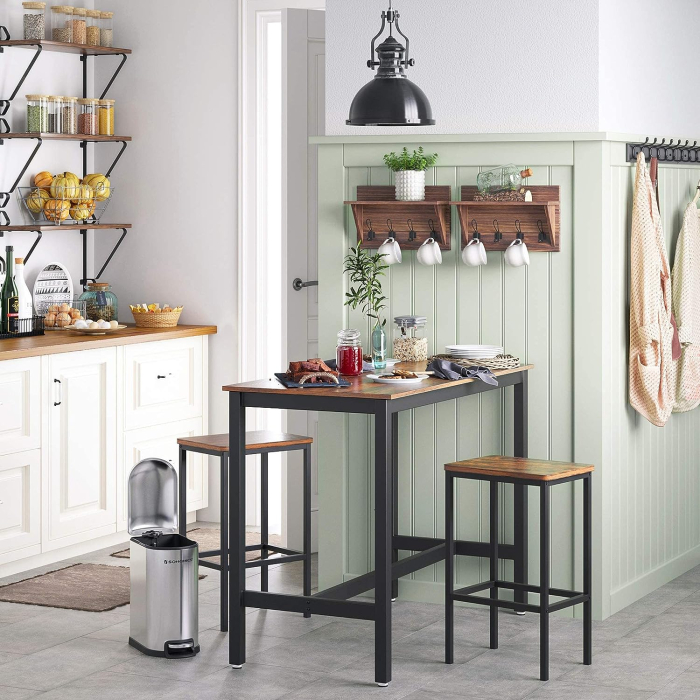 Set 2 scaune bar inalte, sezut dreptunghiular, cadru din otel, 40x30x65cm, stil industrial, maro rustic si negru [6]