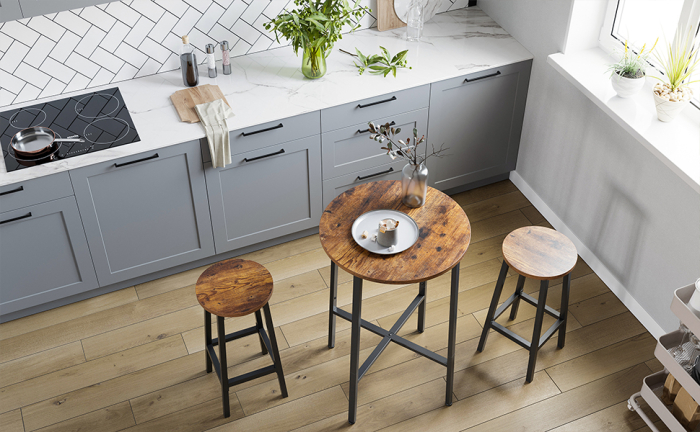 Set 2 scaune bar inalte, sezut rotund, cadru din otel, inaltime 65 cm, stil industrial, maro rustic si negru [8]