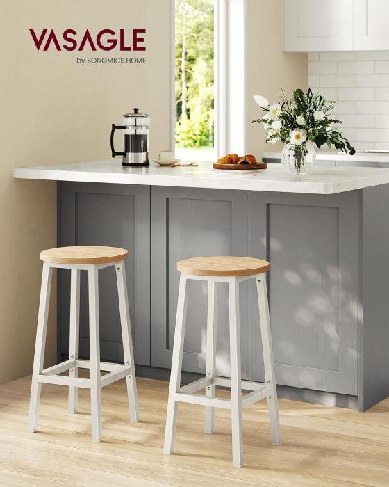 Set 2 scaune bar inalte, sezut rotund, cadru din otel, inaltime 65 cm, stil industrial, stejar bej [6]