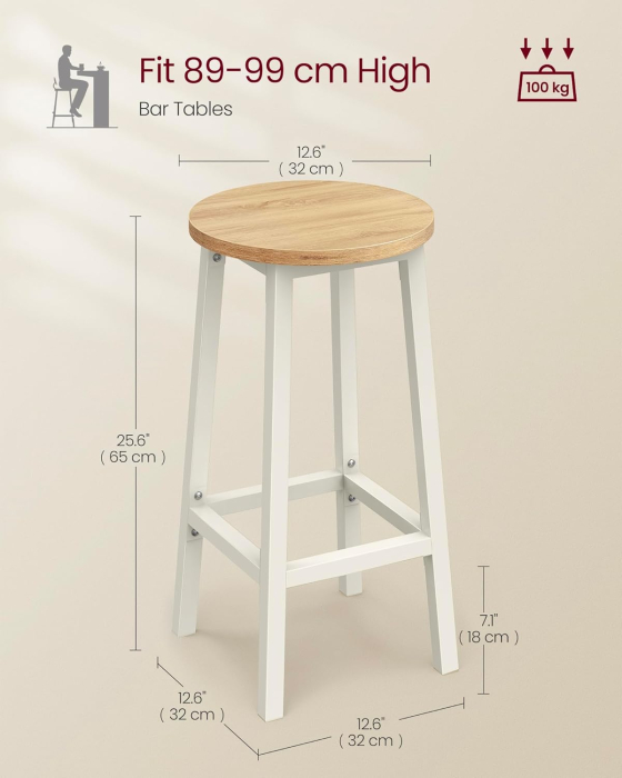 Set 2 scaune bar inalte, sezut rotund, cadru din otel, inaltime 65 cm, stil industrial, stejar bej [3]